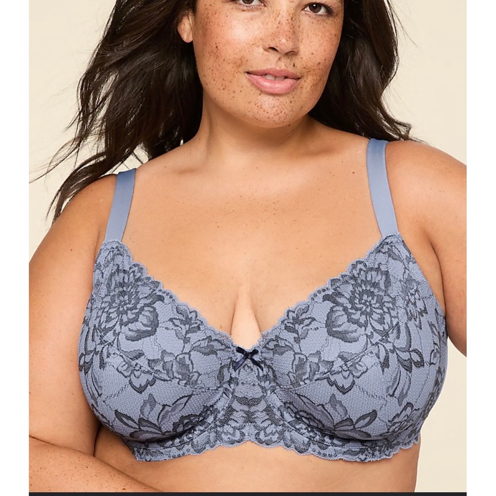 Cacique Floral Lace Unlined Balconette Blue Bra Womens 42I Romantic Modern